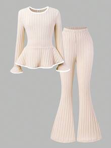 Tween Girl Round Neck Bell Sleeve Ribbed Casual Comfortable Breathable T-Shirt Set - Khaki - View 3