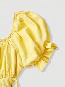 SHEIN MOD 女士纯色泡泡袖系腰中长连衣裙，黄色 - 黃色 - 查看 6