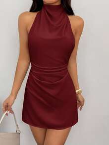 SHEIN PETITE Đầm mini xếp ly màu mơ, kiểu dáng tối giản, cao cấp, hở lưng, dây chéo, thích hợp cho tiệc tùng. - Màu Đỏ Sâu - Xem 9