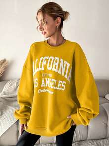 EURMUSE Women's Casual Autumn/Winter Fleece Printed Drop Shoulder Sweatshirt - Yellow - View 4