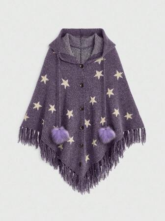 Cárdigan con capucha de mujer con mangas de murciélago, estampado de estrella y flecos en el bajo, con estilo hippie, bohemio y misterioso de bruja