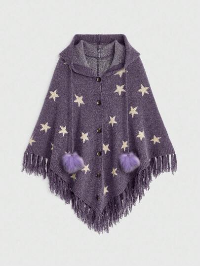 Cardigan con cappuccio da donna in stile boho hippie e strega, con maniche a pipistrello, motivo jacquard a stelle e frange all'orlo