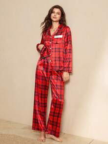 Classic British Plaid Open Front Lapel Casual Women Pajama Set, Long Sleeve & Long Pants, Suitable For Outerwear - Red - View 4