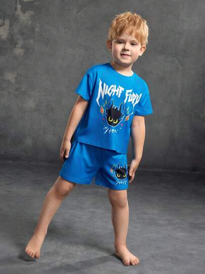 SHEIN How to Train Your Dragon 2pcs/Set Young Boy Casual Style Round Neck Short Sleeve Top And Shorts Soft & Skin-Friendly Pajamas Set