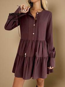 SHEIN LUNE Vestido de mujer de talla grande para otoño e invierno con cuello de solapa medio abierto con lazo y bolsillo sesgado, atuendos de San Valentín para mujer, atuendos de verano para mujer con falda de paraguas de múltiples capas y línea A, 100% algodón, estilo casual y relajado, estilo de dinero viejo, atuendos cortos de vacaciones para mujer - Café integral - Ver 6