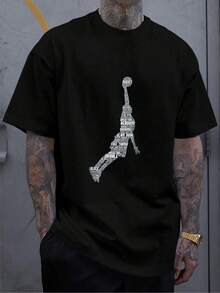 Versatile Baggy Short Sleeve T-Shirt With Fun Basketball Print, Ideal For Vacation, Work And Use - Black 11 - View 1