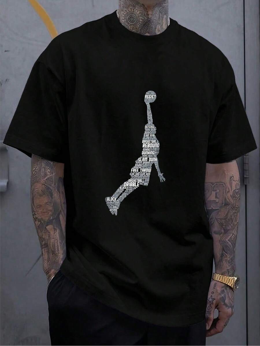 Versatile Baggy Short Sleeve T-Shirt With Fun Basketball Print, Ideal For Vacation, Work And Use - Black 11 - View 1