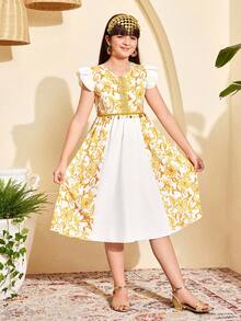 Sparklyn Tween Girl Traditional Arabic Clothing Elegant Metallic Floral Beaded Lace Trim Round Neck Cap Sleeve Dress, Suitable For Daily Gatherings, Parties, Formal Occasions - Yellow - View 6