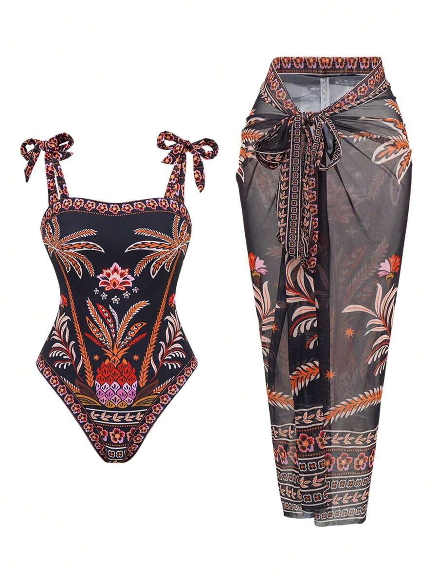 Swim Oasis 2pcs Women's Vacation Edition Pineapple Print Spaghetti Strap Jumpsuit With Cover-Up & Skirt Bathing Suits For Women Boho ,Valentine's Day - Multicolor - View 1