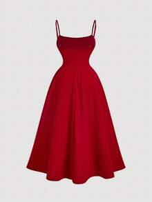 SHEIN MOD Váy hai dây đơn giản, màu trơn, cỡ lớn, phong cách thường ngày - Đỏ - Xem 4