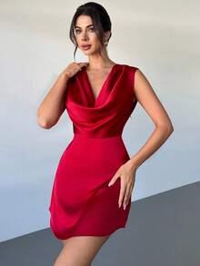 Firerie Women's New Elegant Party & Wedding Guest Dress, Red Satin Crepe Fabric, Plunging Draped Neck, Sleeveless, Fitted Mini Dress, Spring/Summer - Red - View 7