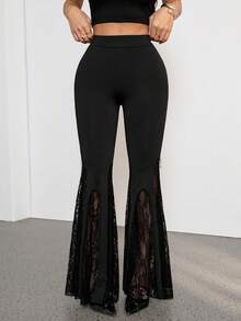 SHEIN PETITE 女士秋冬四季哥特Y2K颓废风万圣节夜店装扮性感乡村音乐会Y2K黑色蕾丝小码喇叭裤 - 黑色 - 查看 9