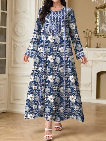 SHEIN Najma Elegant klänning med digitalt tryck av tropiska växter och blommor i arabisk stil, rund hals, vår/sommar