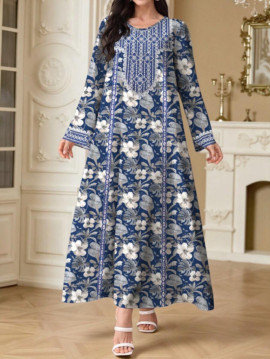 SHEIN Najma Women's Tropical Plant & Floral Digital Print Elegant Round Neck Long Sleeve Arabic Style Dress, Spring/Summer - Multicolor - View 1