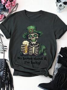 EMERY ROSE Women Skull Pattern Letter Slogan Round Neck Short Sleeve T-Shirt - Dark Grey - View 3