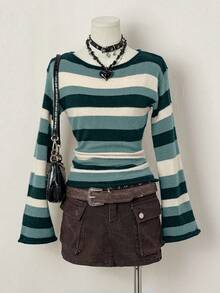 EgrlEra Damski sweter w paski z szerokimi rękawami i kolorowymi blokami kolorów, jesień/zima - Ciemnozielony - Zobacz 1