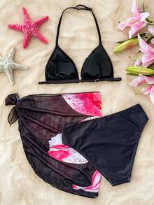 SHEIN Teen Girls' Floral Print Bikini 3 PiecesSwimsuit Set, Casual Beach Vacation - Black - View 2