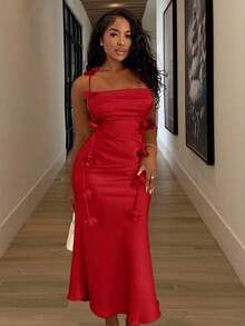 Alexandranx 女士花卉细肩带露背垂褶领节日连衣裙、派对/婚礼礼服、秋季 - 紅色 - 查看 5