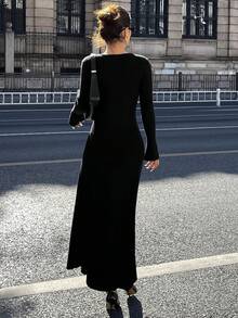 DAZY Lace Patchwork Waist Cinched Women Sweater Dress - Black - View 2