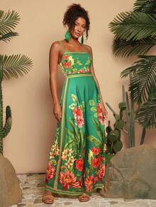 Travachic 女式梭织印花宽松阔腿连体裤 - 綠色 - 查看 5