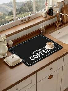 1pc Coffee Machine Mat - Absorbent, Non-Slip Kitchen Counter Protector Mat With "Coffee" Design, Washable And Reusable Diatomite Drying Pad For Dishes And Cups, Fashionable And Practical Kitchen Decor, Coffee Decoration - Black - View 3