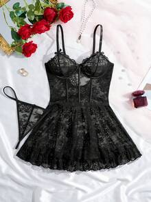 SHEIN 2pcs Lace Sexy Nightgown Set (With Underwire, G-String) For Women - Black - View 4
