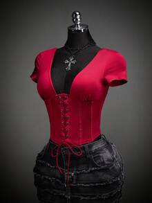 SHEIN ICON 哥特风交叉系带修身女式T恤 - 酒紅色 - 查看 8
