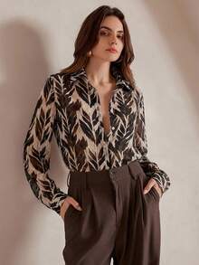 Anewsta 复古优雅树影植物叶子热带印花雪纺薄纱宽松长袖女式衬衫 - 黑色 - 查看 4