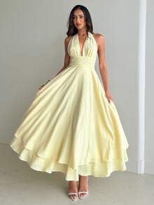 Aloruh 女士性感优雅V领露背系带连衣裙，A字裙摆，浅黄色，适合度假和约会 - 淡黃色 - 查看 9