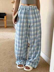 DAZY Women's Elastic Waist Pocket Plaid Casual Pants, Suitable For Daily Wear And Home - Blue - View 6