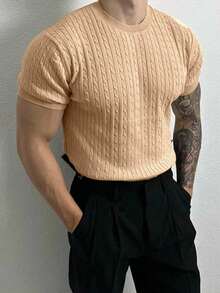 Manfinity Homme Suéter de cuello redondo de unicolor con mangas raglán y tejido de punto de cable para hombre - Champán - Ver 3