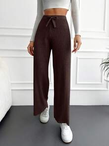 EURMUSE Cotton Women'S Drawstring High Waist Ribbed Pants - Brown - View 3