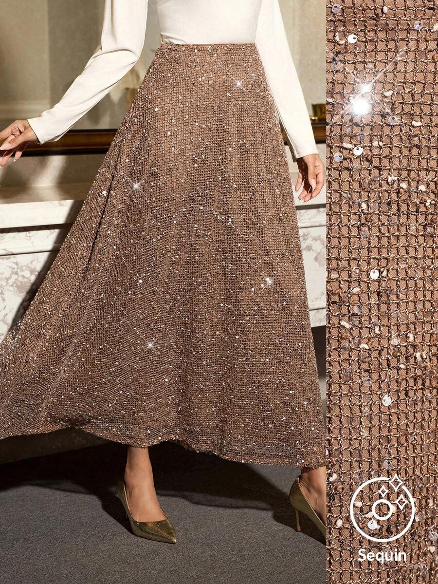 SHEIN Clasi 女士纯色高腰亮片优雅迷人A字裙 - 黑色 - 查看 1