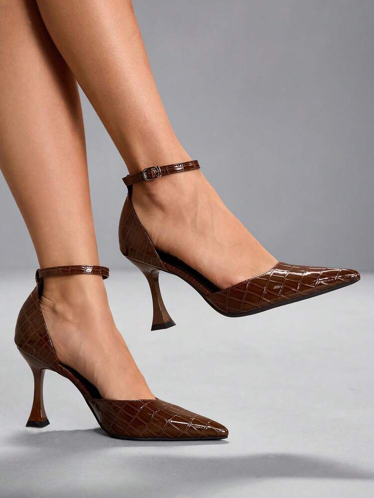 CUCCOO SZL Women's Shoes Buckle Adjustable Women's High Heels Wine Glass Heel Pointed 9CM Elegant Stiletto Shoes Mirror PU Material Stone Texture Brown High Heels Kitten Heel Suitable For Daily/Party/Office/Women's Shoes Valentine's Day