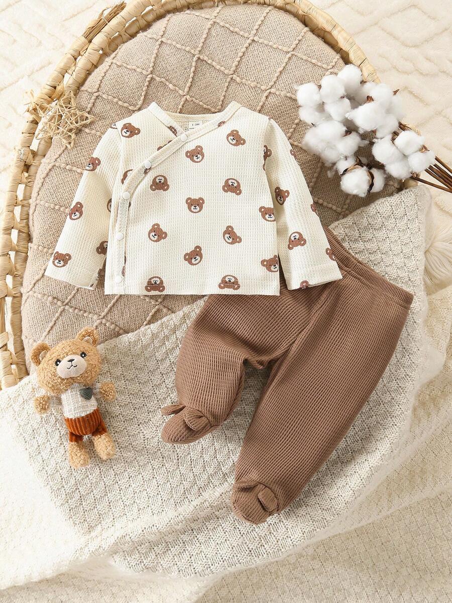 2件套新生儿华夫格纹开衫上衣和连脚裤套装，可爱小熊印花设计 - 卡其色 - 查看 1