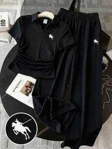 Tween Girls' European Retro Style Black Polo Collar 2-Piece Set, Clean Fit Embroidered Horse Logo Short Sleeve T-Shirt And Wide Leg Pants, Tennis Uniform, Minimalist Academy Style - Black - View 3