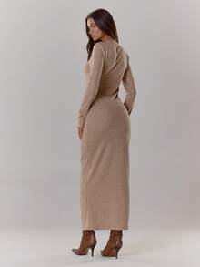 MUSERA 罗纹长袖圆领修身连衣裙，街头风可爱优雅休闲性感外出秋季太妃糖色 - 鵝黃色 - 查看 2