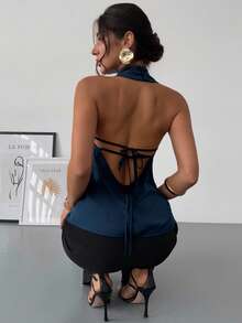 Firerie Xuân/Hè Mới Thanh lịch Thường ngày Cổ điển Hiện đại Cổ áo không đều Không tay Halter Hở lưng Nơ Trang trí Ôm sát Áo cánh đi làm màu đen - Màu xanh lam - Xem 4