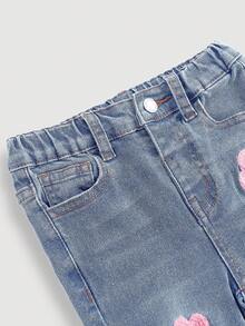 Young Girl' Pink Floral Embroidered Retro Blue Denim Elastic Skinny Flare Pants - Blue - View 3