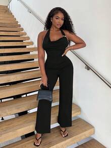 Alexandranx Women's Sexy Metal Decor Solid Color Spaghetti Strap Sleeveless Jumpsuit, Slim Fit For Casual Commute Daily, Summer - Black - View 6