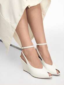Mnmlis 女士时尚百搭通勤简约坡跟凉鞋 - 白色 - 查看 4