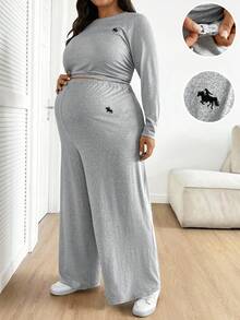 SHEIN Casual Comfortable Long Sleeve Top And Loose Pants Plus Size Maternity Two Pieces Set Pregnant Clothes Two Piece Set Plus Plus 2 Piece Outfit Curve 2 Piece Outfits Maternity 2 Piece Set - Grey - View 1