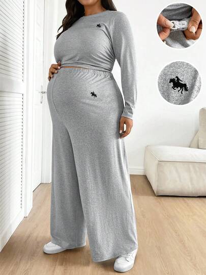 SHEIN 舒适长袖上衣和宽松裤子加大码孕妇两件套