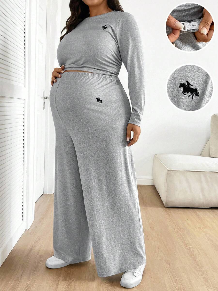 SHEIN Casual Comfortable Long Sleeve Top And Loose Pants Plus Size Maternity Two Pieces Set Pregnant Clothes Two Piece Set Plus Plus 2 Piece Outfit Curve 2 Piece Outfits Maternity 2 Piece Set - Grey - View 1