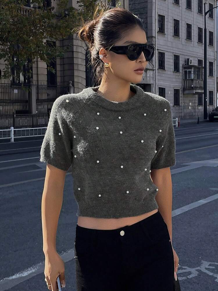 Pearl Decor Short Sleeve Casual Knit Top For Women Y2k