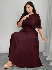 Modelyn Plus Size Women Solid Color Button Half Placket Ruffle Sleeve Waist Tie Elegant Dress - Burgundy - View 8