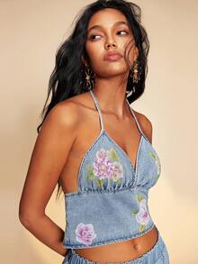 Travachic 女士休闲性感度假风印花露背系带短款吊带背心，夏季 - 中等水洗藍 - 查看 8