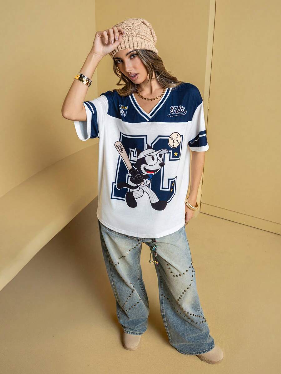 Felix The Cat X SHEIN 女士休闲撞色猫咪印花V领短袖T恤，夏季 - 藏蓝色 - 查看 1