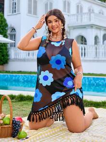 Swim Mod Áo choàng đi biển không tay họa tiết hoa tua rua cỡ lớn cho nữ - Màu xanh lam - Xem 1