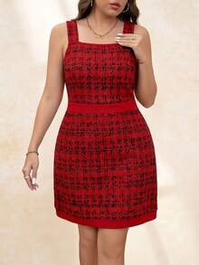 SHEIN Clasi 2pcs Plus Size Women Outfit - Tweed Print Jacket And Dress, Suitable For Teachers, Autumn